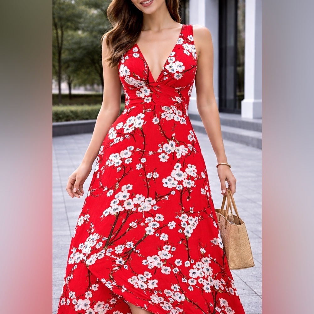 Red Floral Maxi Dress with V-Neck and Twist Bodice